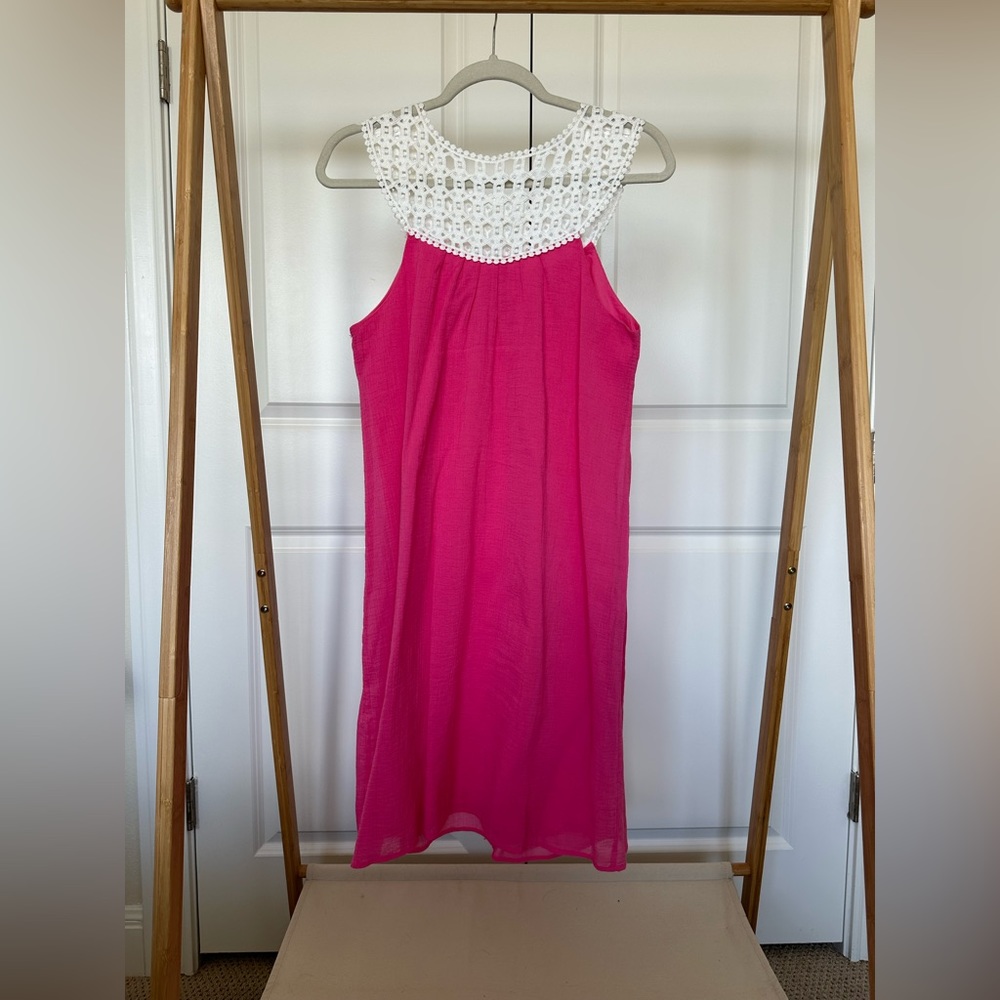 Lilly Pulitzer hot pink dress with sash and crochet neckline